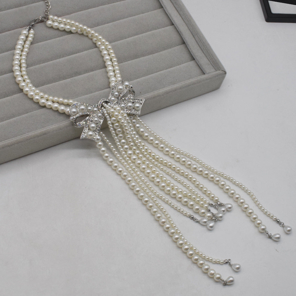 Ribbon and Pearl Drape Necklace