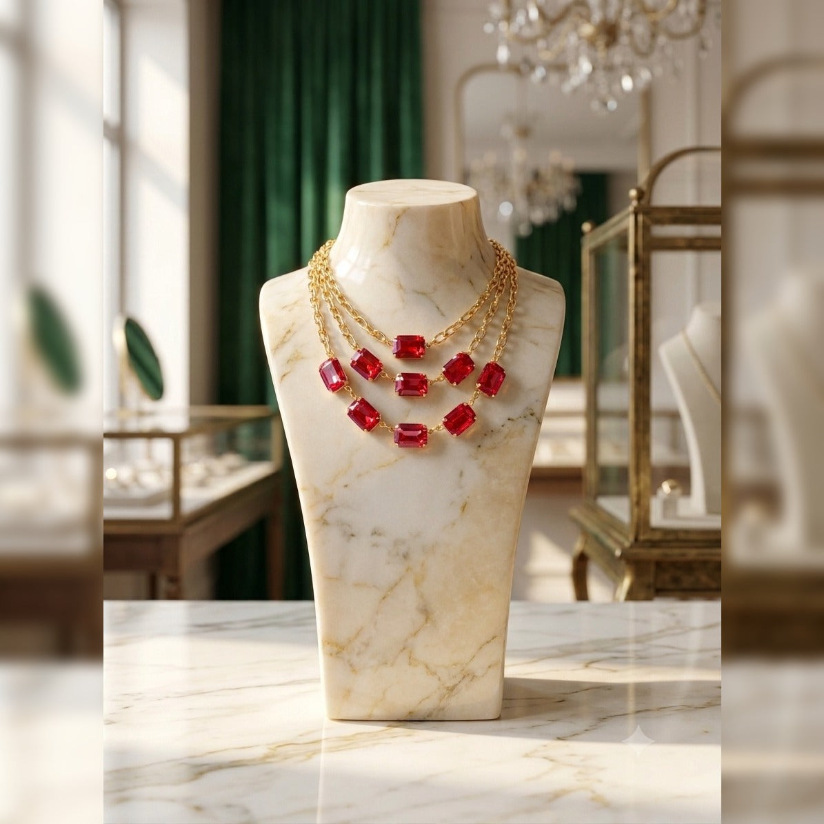 Womens Festive Three-Tier Rectangle Cut Stone Necklace