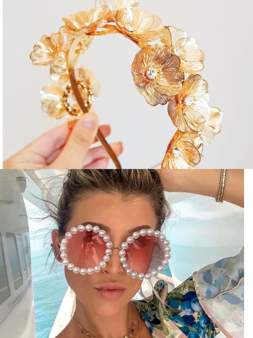 Floral Gold Hairband & Pearl Rim Sunglasses Combo โ Buy 1 Get 1 Free