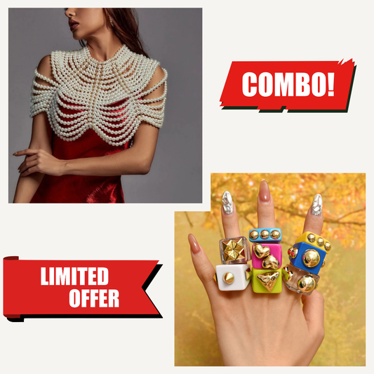Buy 1 Get 1 Combo : Luxe Pearl Blouse Jewelry + 8-Piece Bold Statement Ring Set