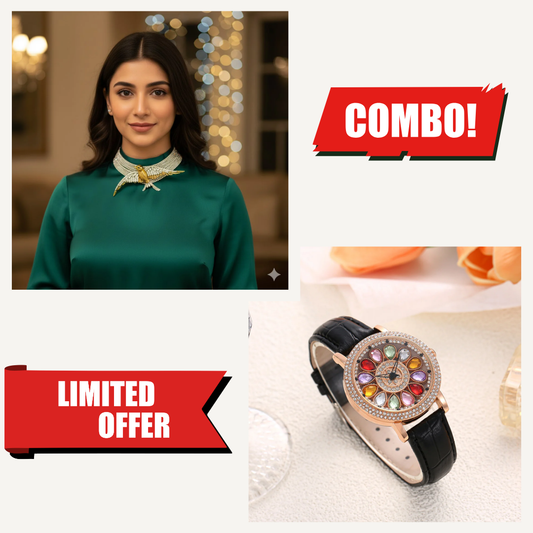 Buy 1 Get 1 Combo : Elegant Bird Pearl Choker Necklace + Multicolor Dial Designer Watch