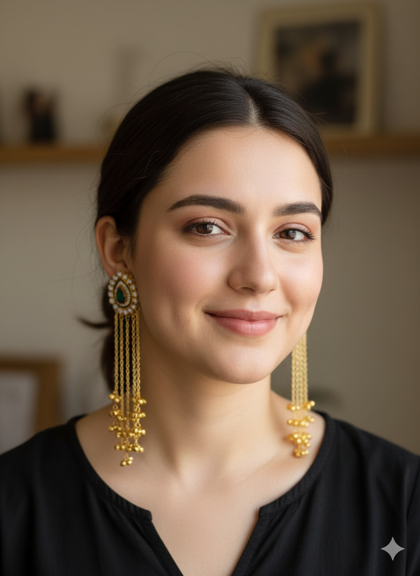 Gold Plated Green Stone Long Chain Earrings – Festive Pick