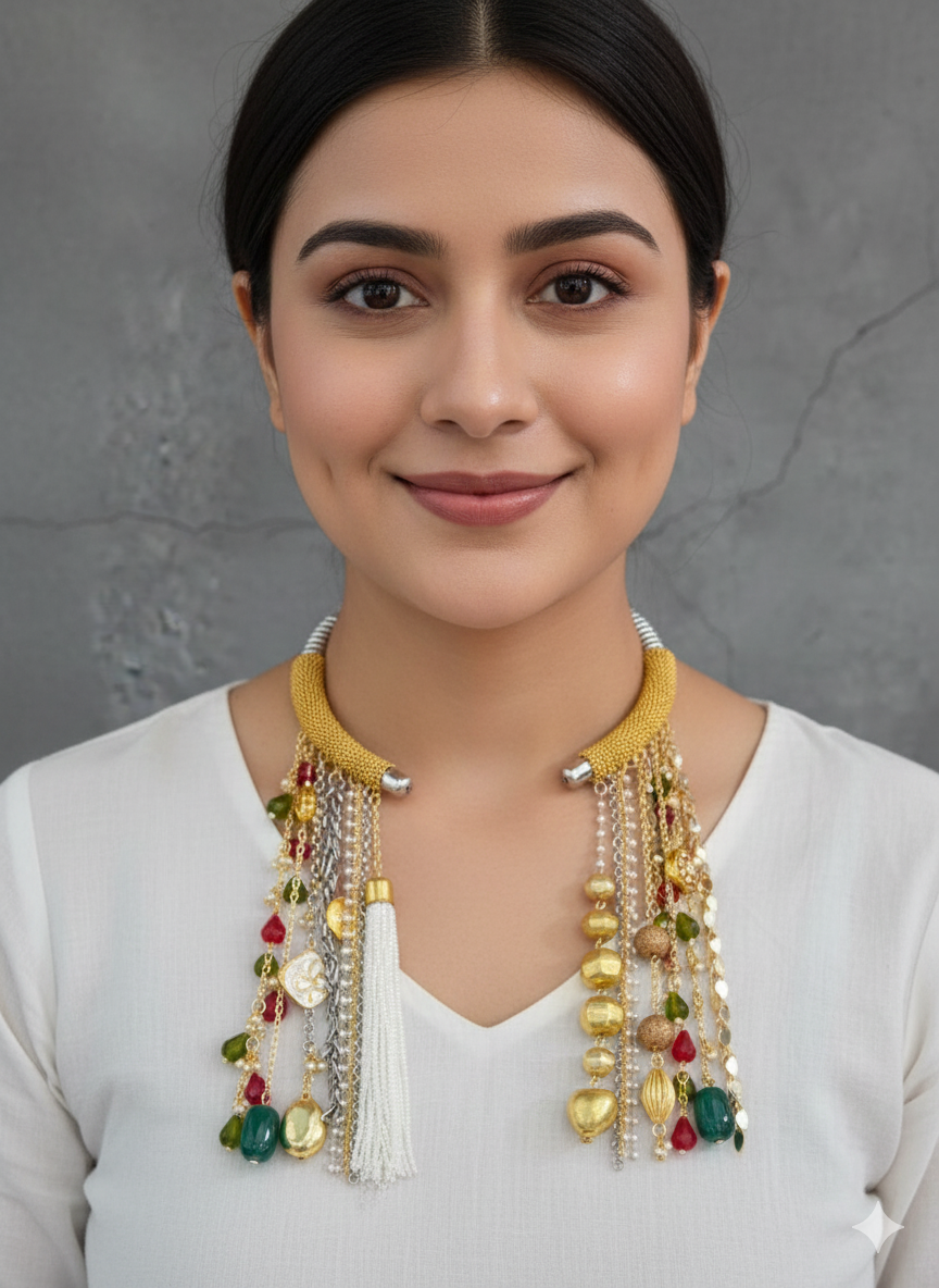 Gold Plated Beaded Statement Hasli Necklace