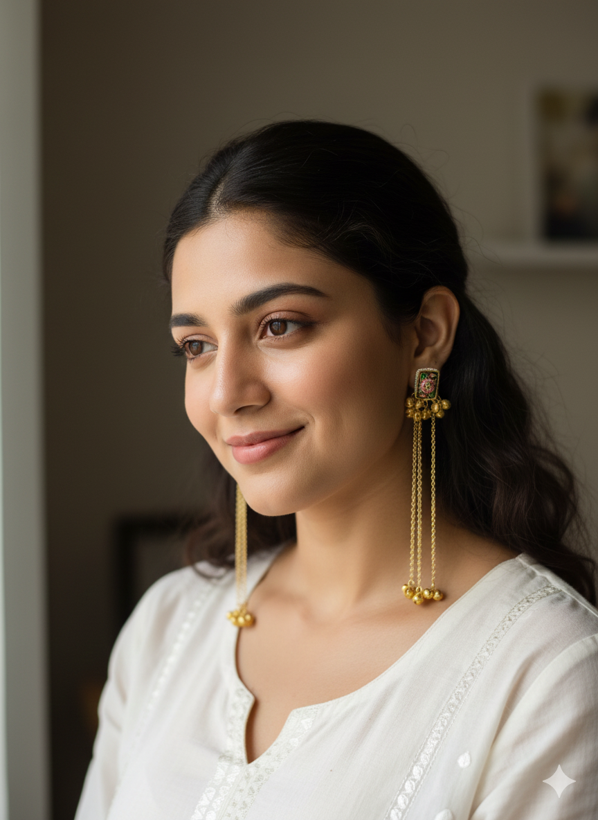 Gold Plated Green Stone Long Chain Earrings – Festive