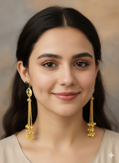 Gold Plated Green Stone Long Chain Earrings – Festive Look
