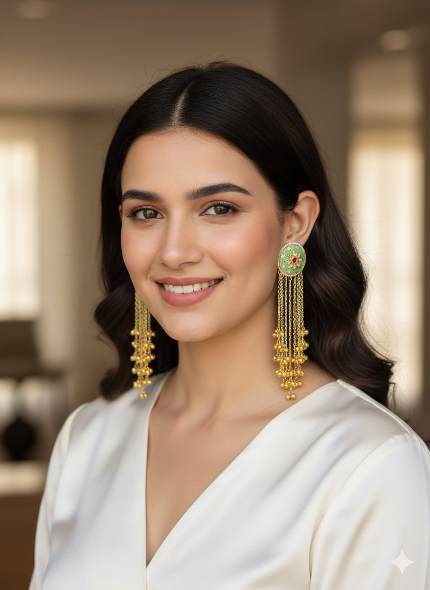 Gold Plated Green Stone Long Chain Earrings – Festive Style