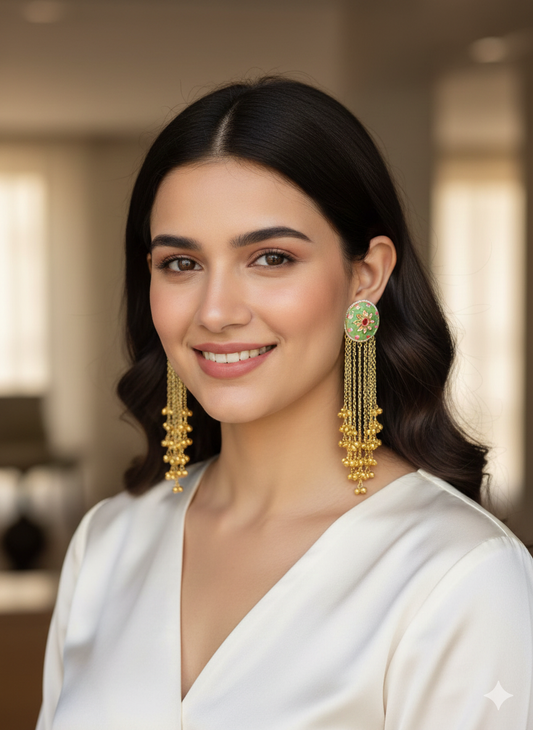 Gold Plated Green Stone Long Chain Earrings – Festive Style