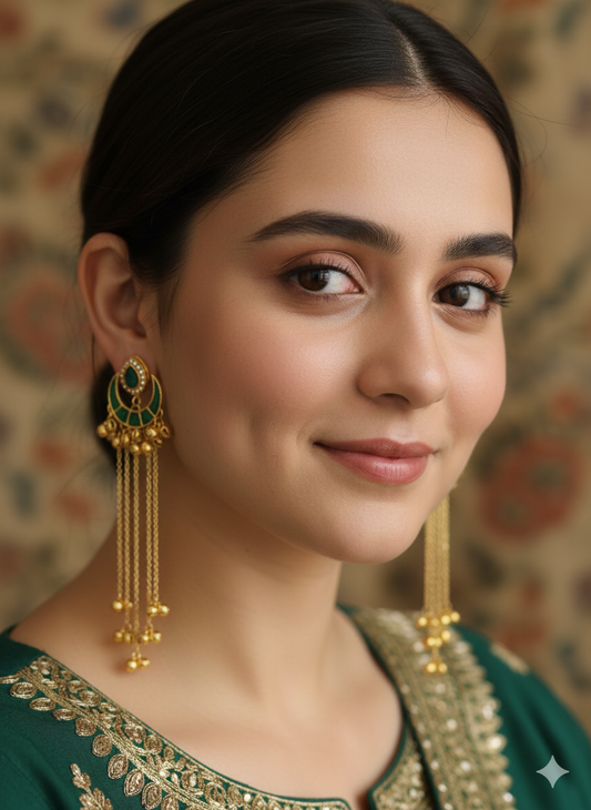 Gold Plated Green Stone Long Chain Earrings – Festive Edit