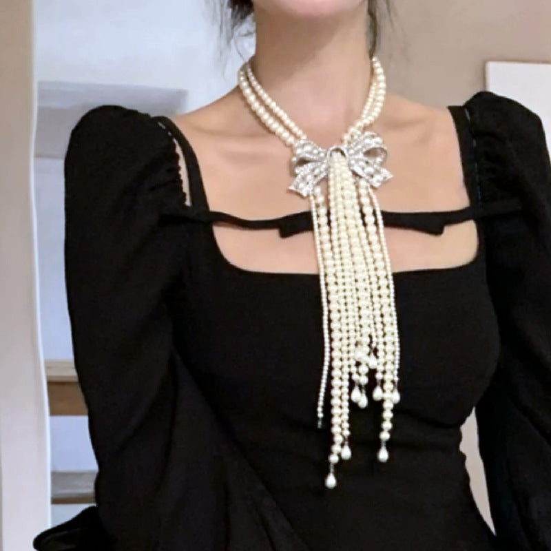 Ribbon and Pearl Drape Necklace