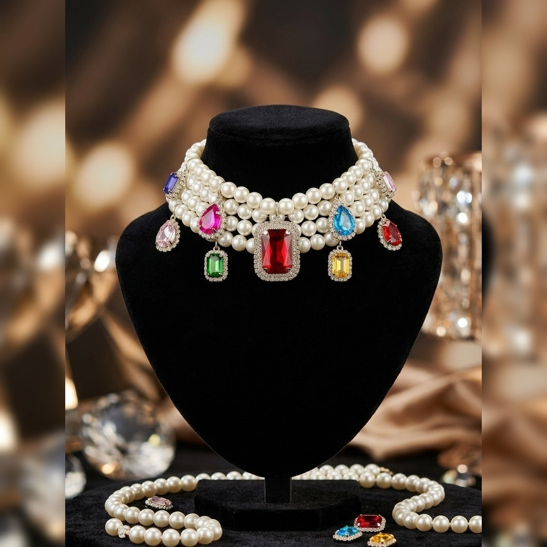 Infinity Multi-Gem Drop Pearl Strand Choker