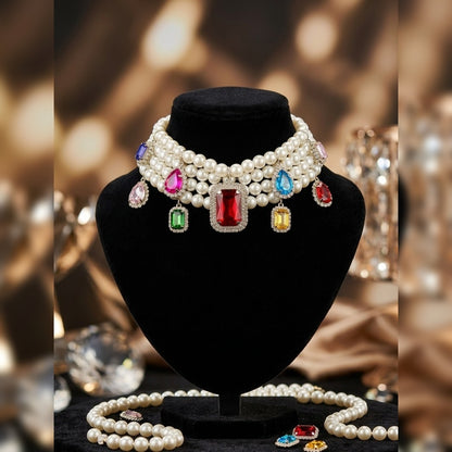 Infinity Multi-Gem Drop Pearl Strand Choker