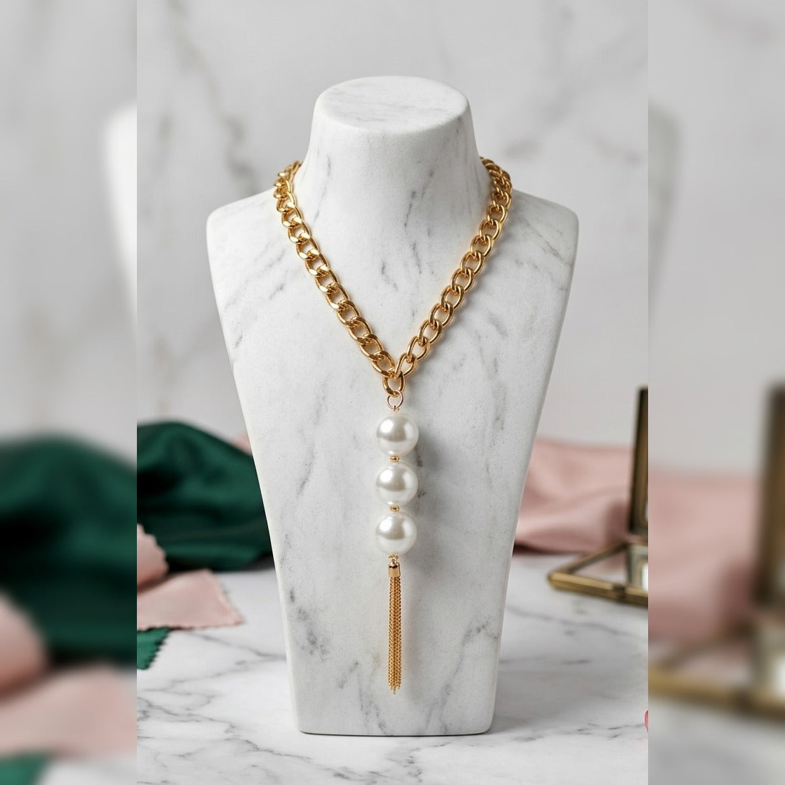 Luxe Pearl Cascade Chunky Gold Link Necklace
