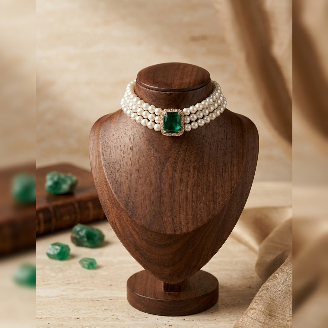 Maharani Three-Strand Emerald Pearl Choker