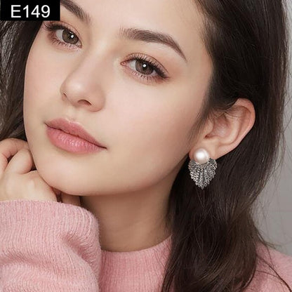 Pearl Crystal Leaf Earring - E149