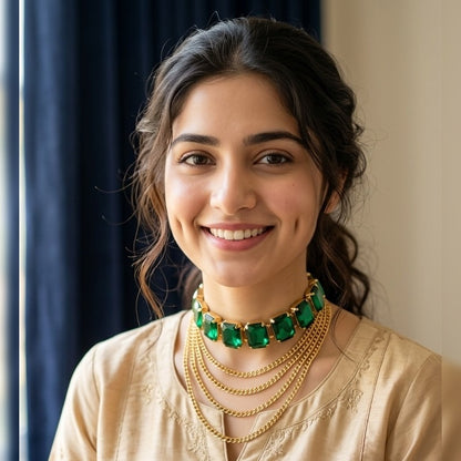 Premium Gold-Plated Layered Chain Square Stone Choker