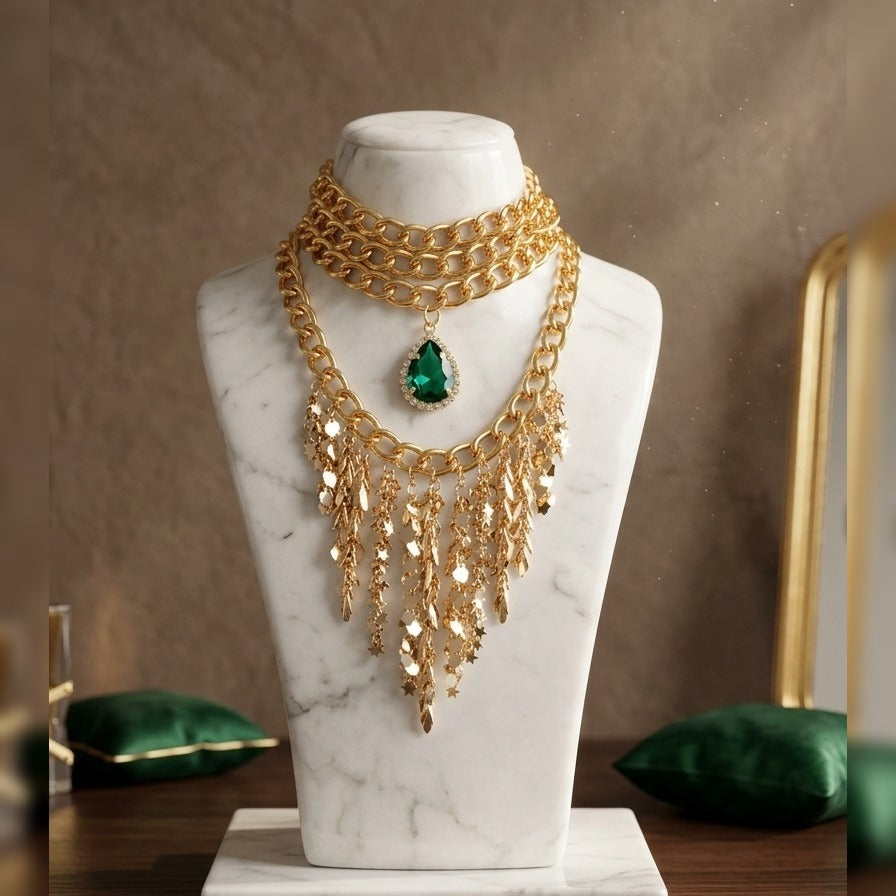 Premium Gold-Plated Layered Emerald Teardrop Necklace
