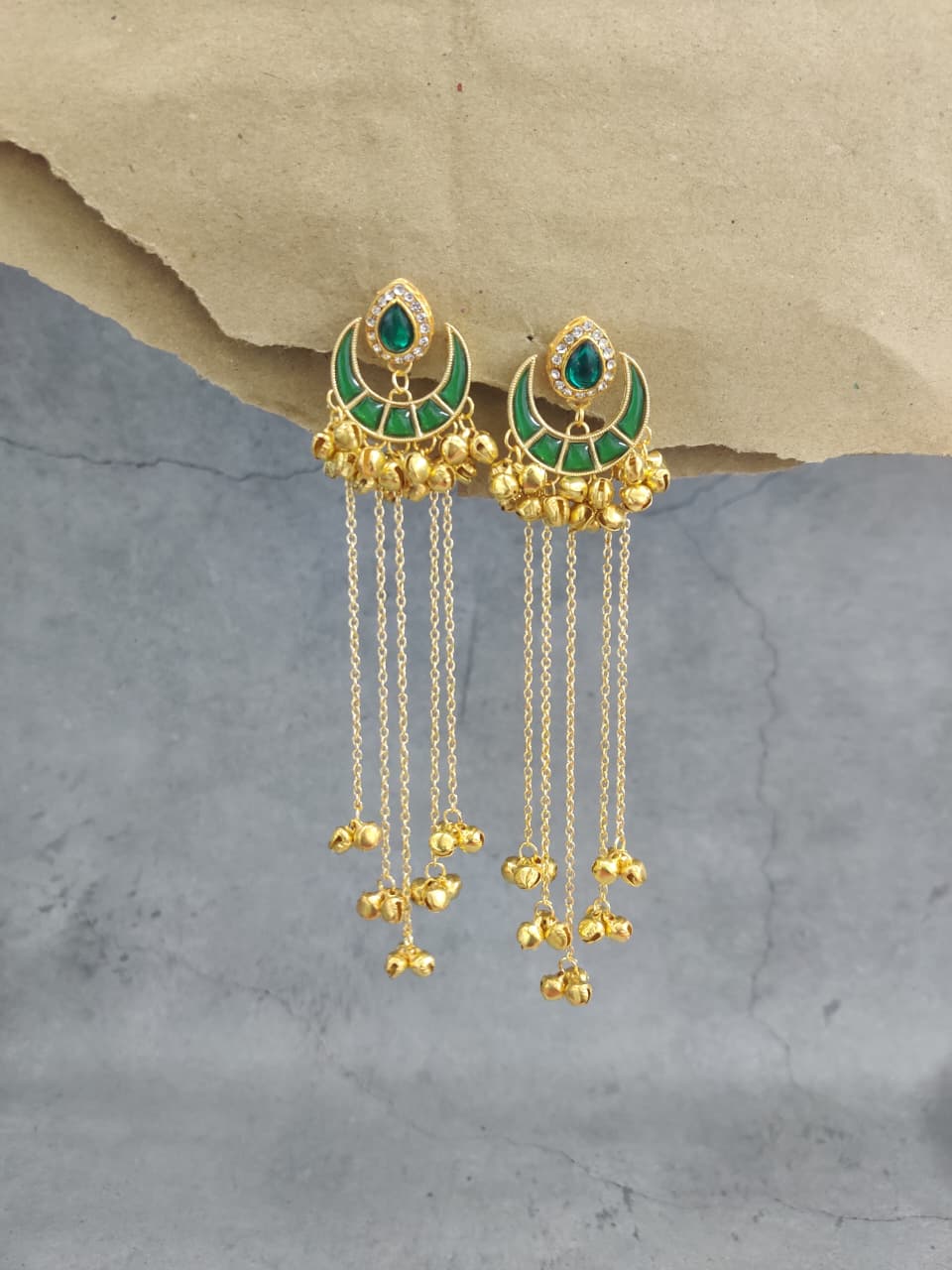 Gold Plated Green Stone Long Chain Earrings – Festive Edit