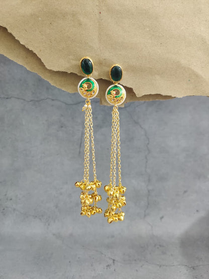 Gold Plated Green Stone Long Chain Earrings – Festive Look
