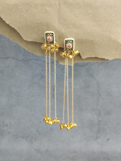 Gold Plated Green Stone Long Chain Earrings – Festive