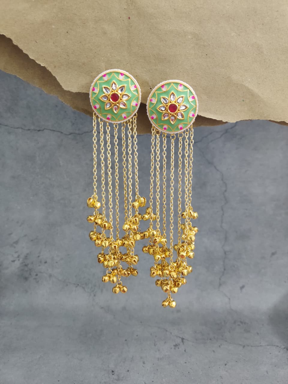 Gold Plated Green Stone Long Chain Earrings – Festive Style