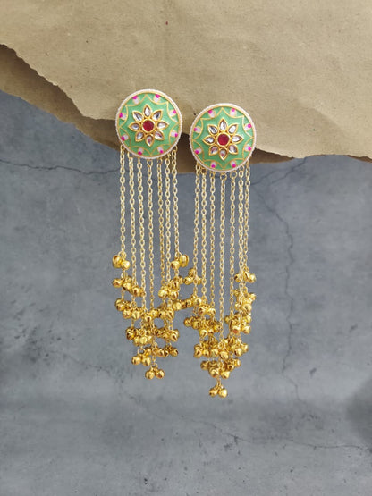 Gold Plated Green Stone Long Chain Earrings – Festive Style