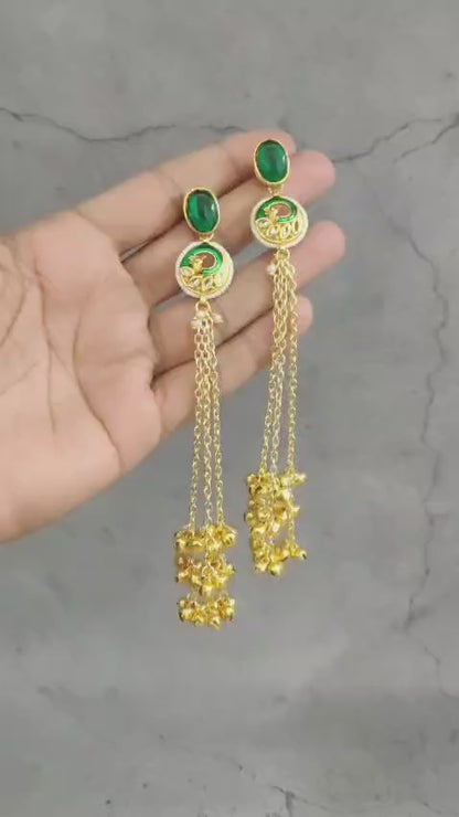 Gold Plated Green Stone Long Chain Earrings – Festive Look