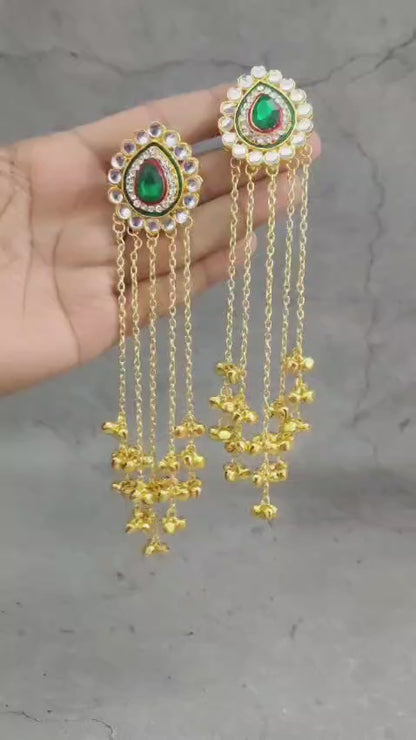 Gold Plated Green Stone Long Chain Earrings – Festive Pick
