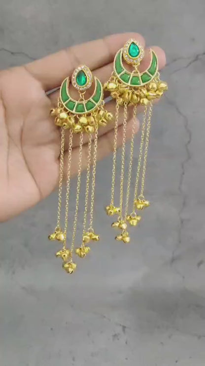 Gold Plated Green Stone Long Chain Earrings – Festive Edit