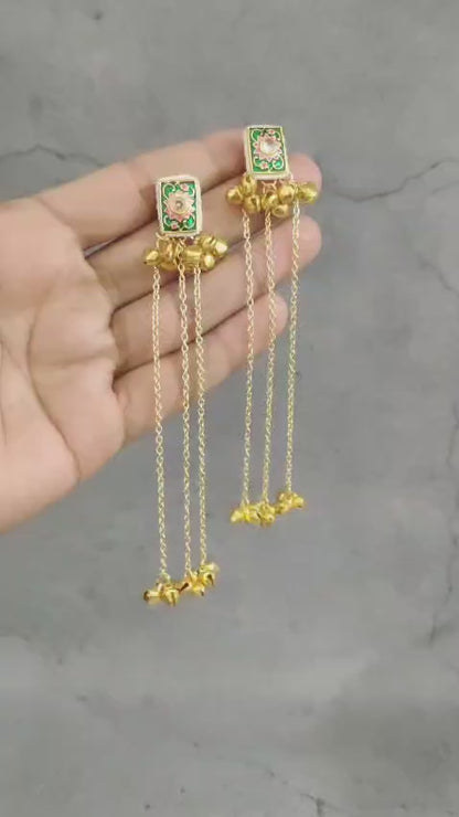 Gold Plated Green Stone Long Chain Earrings – Festive