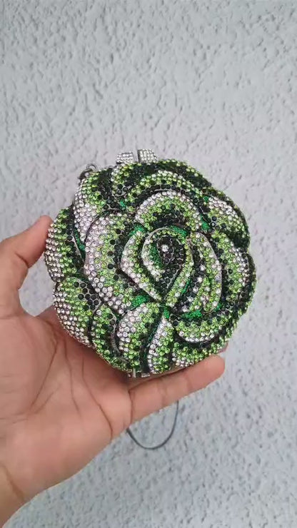 Luxury Crystal Rose Clutch Bag for Women – Designer Rhinestone Flower Evening Bag for Parties & Weddings