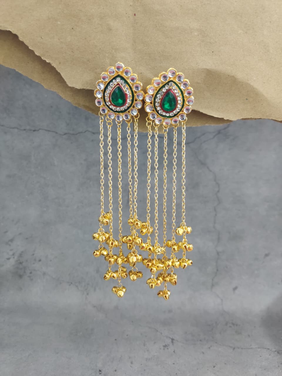 Gold Plated Green Stone Long Chain Earrings – Festive Pick