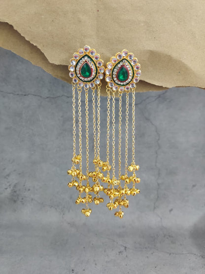 Gold Plated Green Stone Long Chain Earrings – Festive Pick